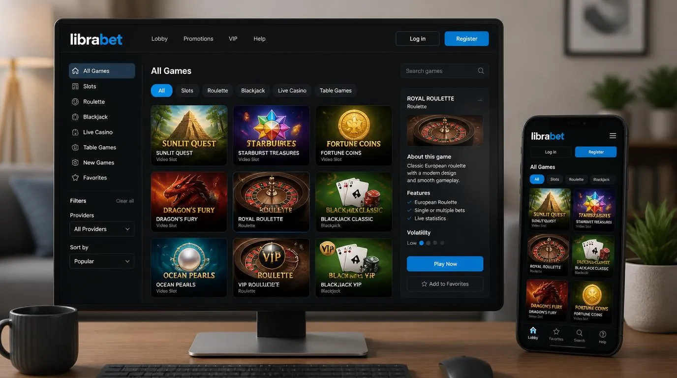 Casino-Lobby auf einem Bildschirm mit Slot-Kacheln, Roulette, Blackjack und Filtern für Spieltypen