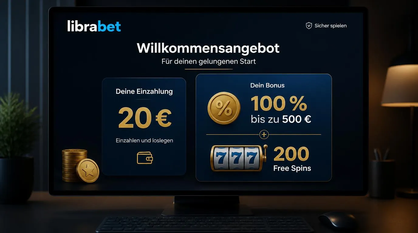 Casino-Bonusgrafik mit 20 € Mindesteinzahlung, 100 % Bonus bis 500 € und 200 Freispielen