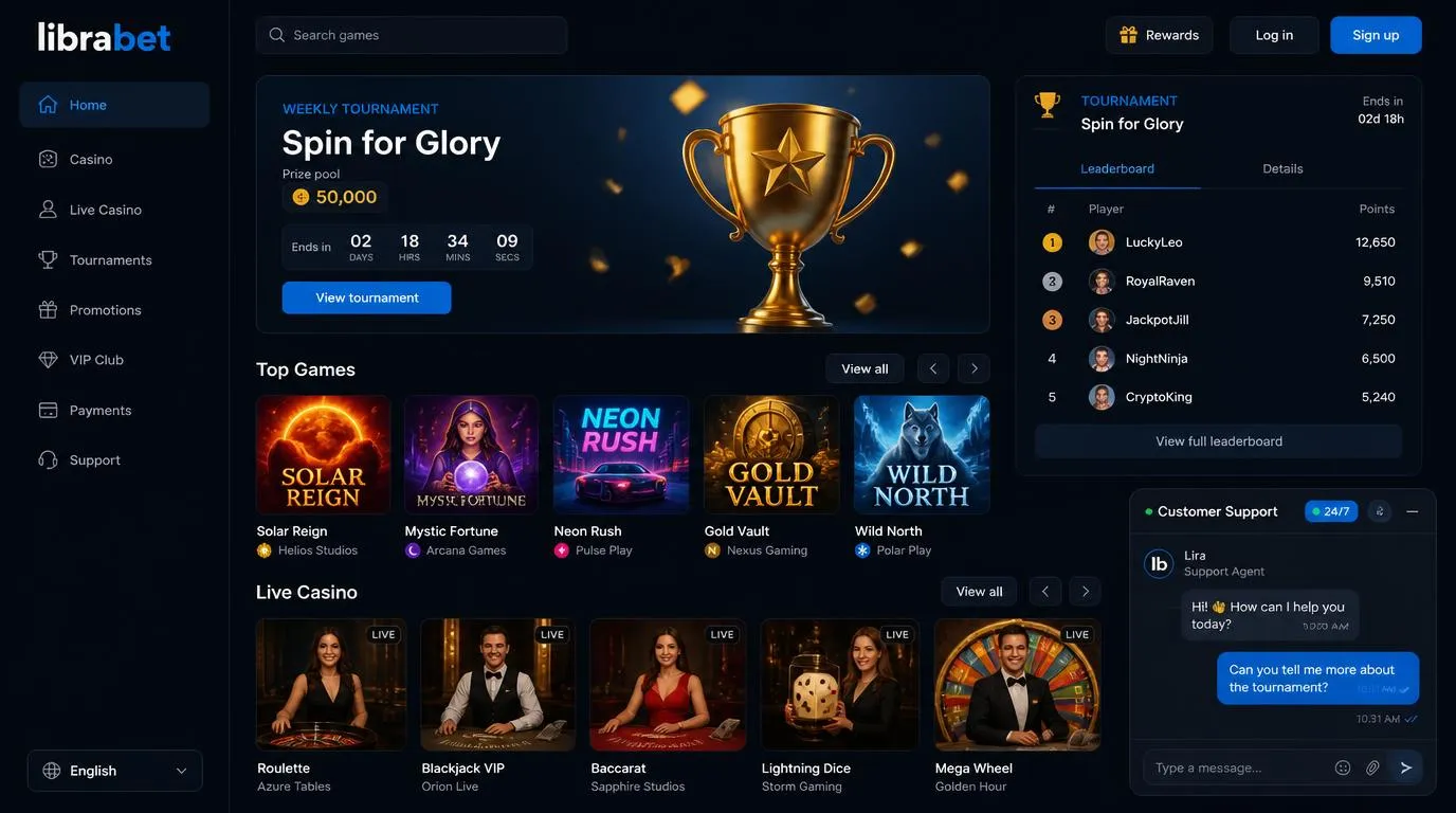Casino-Oberfläche mit Turnierbereich, Live-Casino-Spielen und einem rund um die Uhr erreichbaren Chat