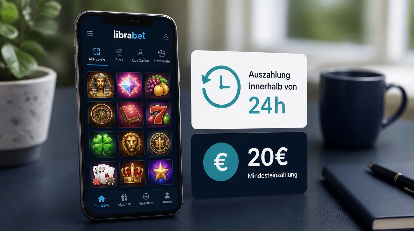 Smartphone mit Casino-Spielauswahl neben einer Auszahlung mit 24-Stunden-Angabe und 20-Euro-Einzahlung