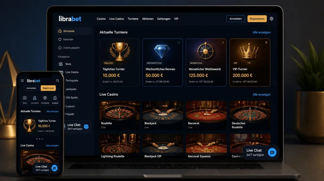 Casino-Oberfläche mit Turnieren, Live-Casino-Spielen und gut sichtbarem Live-Chat