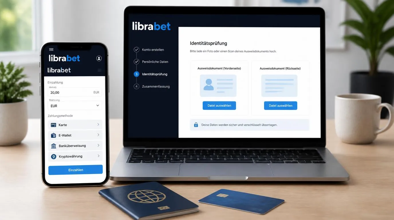 Casino-Kasse mit Auswahl für Einzahlung, Kontowährung und Identitätsprüfung auf einem Smartphone